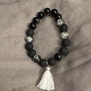 Black and White Beaded Bracelet with Tassel